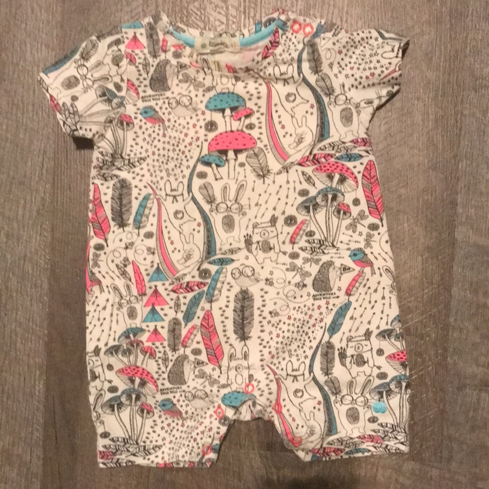 The Bonnie Mob Organic Cotton Romper Mushroom Woodland Creatures size 3-6 months